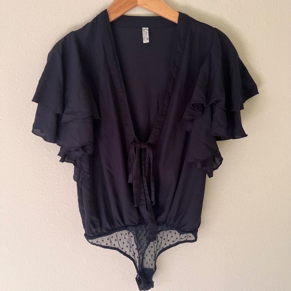 Free People Call Me Later Bodysuit Small Black Plunge Ruffle Sleeve Boho Goth